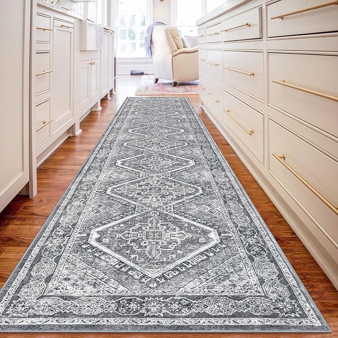 KUTA Oriental Washable Runner Rug Grey, 2x10 Non-Slip Vintage Hallway Kitchen Rugs Ultra Soft Printed Distressed Tribal Floor Carpet Runners for Bedroom Living Room Playroom