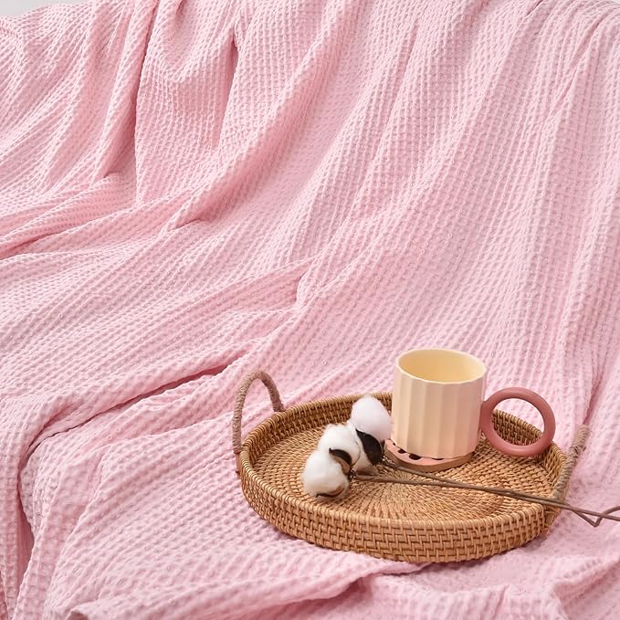 PHF Pre-Washed Cotton Waffle Weave Family Blanket,Oversized King Size 120"x 120"-Snag Proof Lightweight Breathable, 10'x 10' Huge Extra Large Big-Elegant Aesthetic Home Decoration Gift,Pink