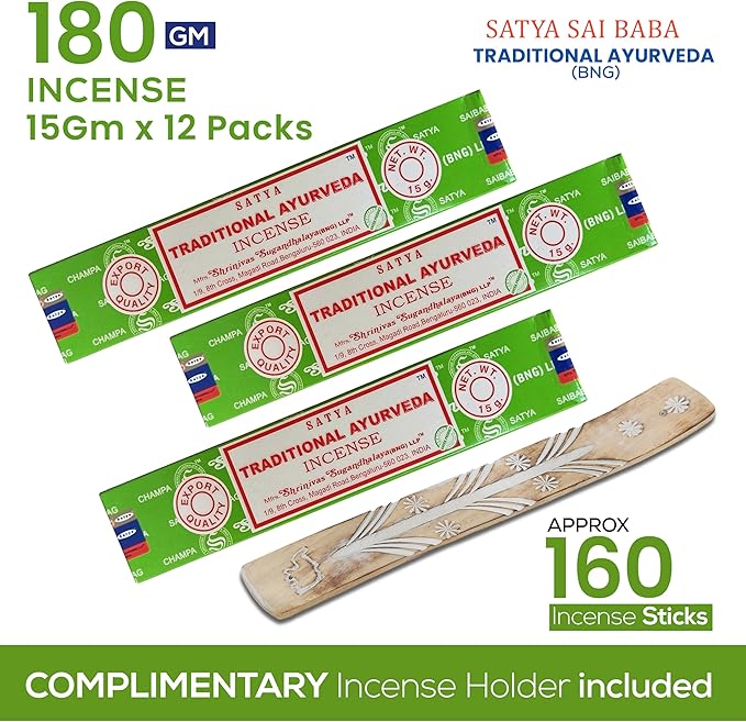 Raajsee Satya Traditional Ayurveda Incense Sticks, Nagchampa 15gmx12 Pack (12 Sets of 15g, 160 Pieces Total) with Raajsee Incense Holder