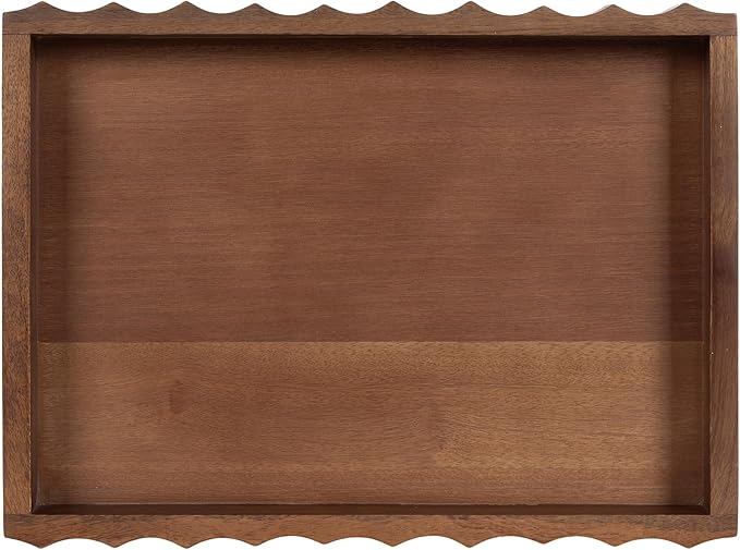 Kate and Laurel Lissi Decorative Rectangle Tray with Wavy Design, 16 x 12, Walnut Brown, Mid-Century Modern Scalloped Serving Tray for Coffee Table, Dining Table, or Entryway
