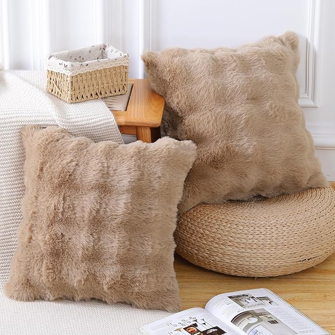 MADIZZ Pack of 2 Thick Plush Wool Throw Pillow Covers 24x24 Inch Camel Soft Neutral Decorative Throw Pillows Accent Boho Cushion Covers for Couch Sofa Bedroom Pillow Shell