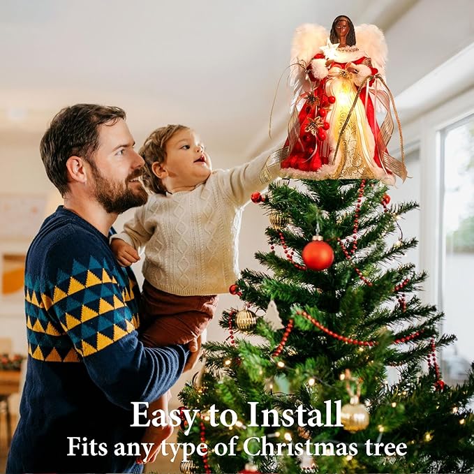 HMASYO Black Christmas Tree Topper Angel with Timer Lights, 12" African American Angel Tree Toppers with White Feather Wings, Star Light, Remote Control and USB Power Xmas Treetop Decor for Holiday