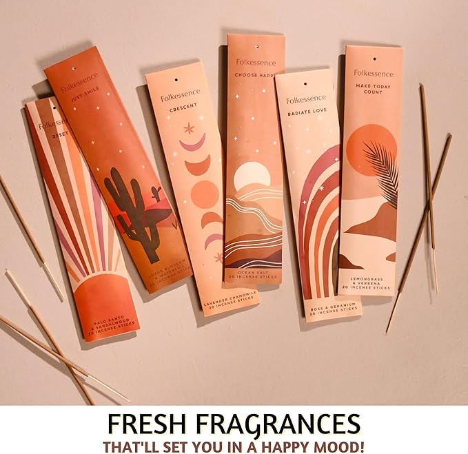 Folkulture Incense Sticks | Set of 6 (120 Stick) Non Toxic Palo Santo Insence-Sticks | 45 Mins Burn Time | Sandalwood Incenses, Lemongrass, Rose Geranium | Inscents-Sticks for Women