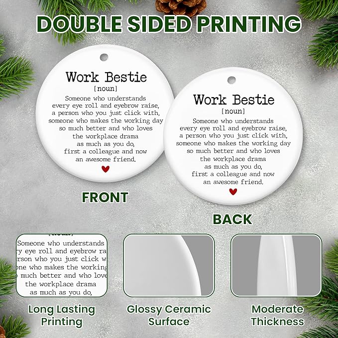 Christmas Work Bestie Gifts for Women Friends - Ceramic Christmas Ornaments 2025 for Xmas Decorations - Inspirational Friend Gifts for Coworkers, Friend Gift, Coworker Gift Ideas