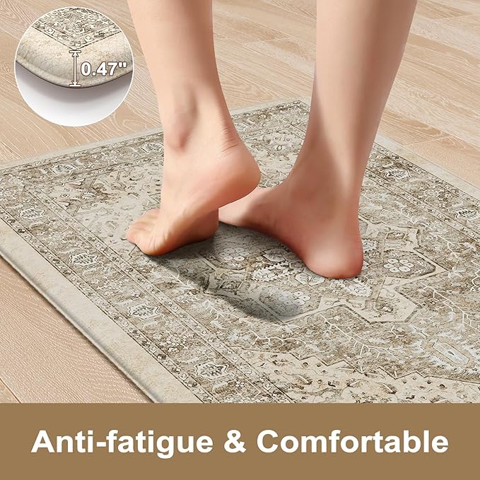 KIMODE Anti Fatigue Kitchen Mats 2 PCS 17"x47"+17"x29.5", Boho Kitchen Rugs and Mats, Non Slip Cushioned Kitchen Mats for Floor, Waterproof Kitchen Floor Mats for Laundry, Office, Sink, Khaki
