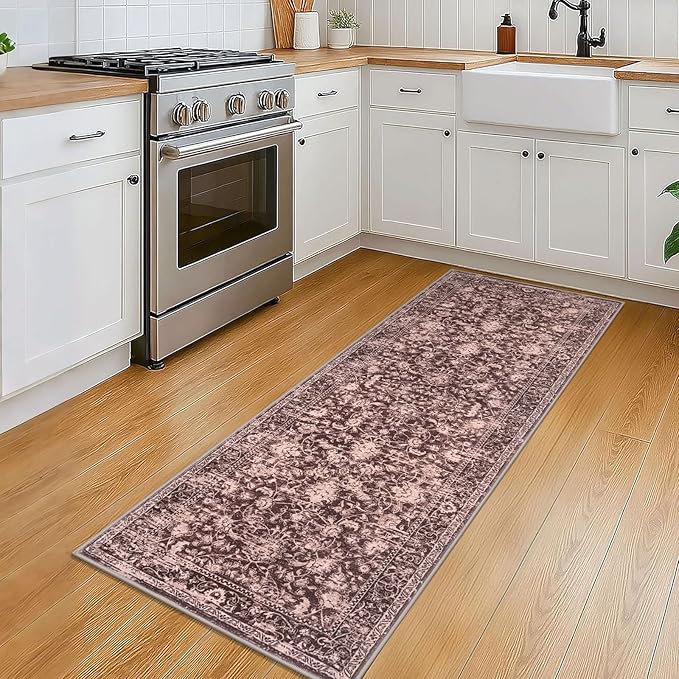 KILOCOCO Hallway Runner 2x5 Kitchen Runner Rug Printed Vintage Floral Washable Non-Slip Runners for Hallways Laundry Room Rugs Distressed Boho Rug Runners for Bedroom, Red