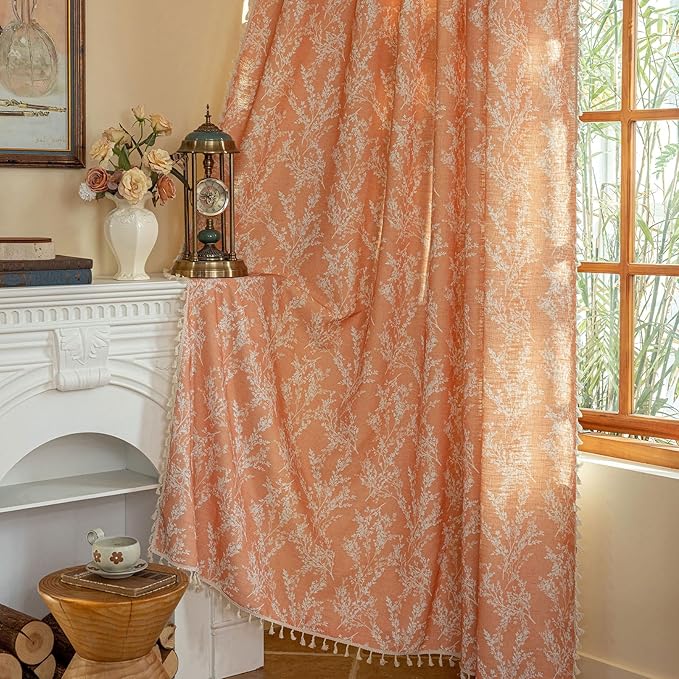 OYX Orange Curtains 96 Inch Length Boho Farmhouse Printed Floral Curtains for Bedroom 2 Panels, Burnt Semi Sheer Vintage Rustic Drapes for Living Room, Rod Pocket Tassel Decor Window Treatment