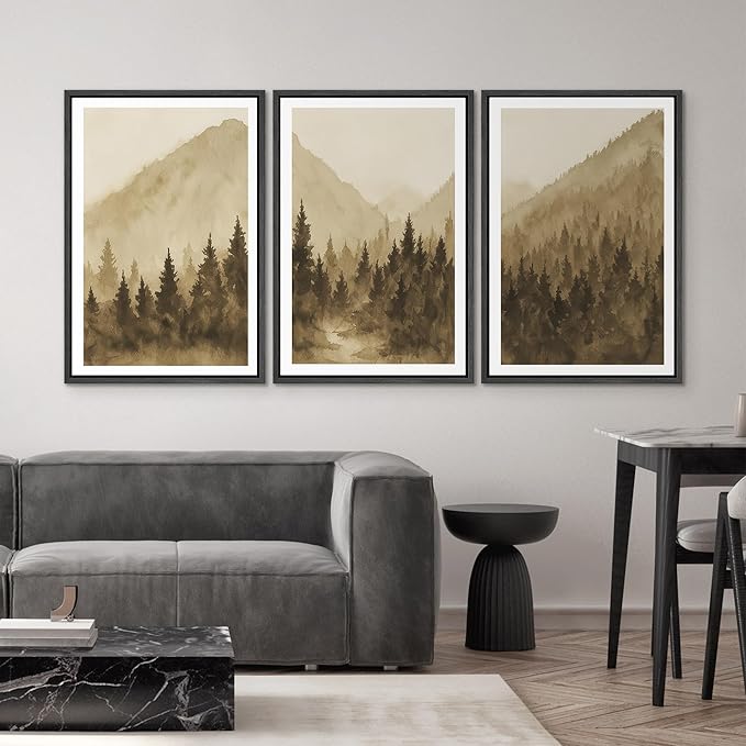 SIGNWIN Framed Canvas Print Wall Art Set Misty Mountain Pine Landscape Neutral Sepia Tone Nature Illustrations Modern Art Decorative Chic Calm for Living Room, Bedroom, Office - 16"x24"x3 Black