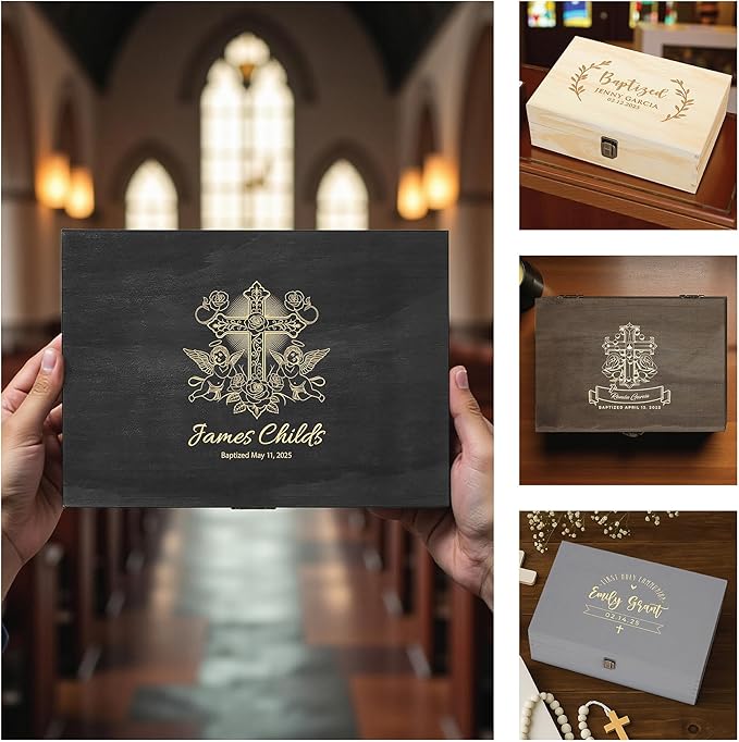 Personalized Memory Box for Keepsakes Baptism Gifts First Communion Christening Wooden Gift Box - Storage Box for Girls, Boys Custom Engraved Keepsake Boxes for Jewelry Memento Photos Storage