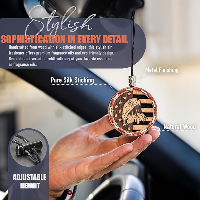 Handmade Wood Car Air Freshener — American Flag Designed Refillable Essential Oil Diffuser — Long Lasting Coffee Beans Fragrance Oil 10 ml — Car Accessories Gift Box