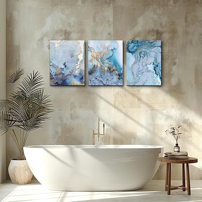 Blue Abstract Canvas Wall Art For Living Room Bedroom Wall Decor Office Pictures Watercolor Wall Paintings Bathroom Home Decoration Posters Prints Artwork 12'' X 16'' 3 Piece Set