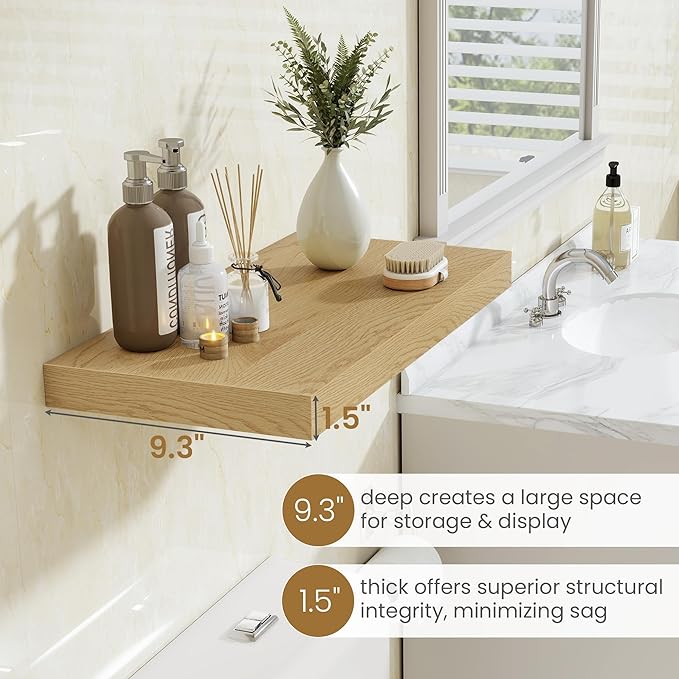 Fun Memories 48 Inch Floating Shelves, 9.3 Inch Deep Wall Shelves for Bathroom, Living Room, Bedroom, Kitchen, Deep Long Shelf Wall Mounted 1 Pack Shelf for Books, Decor, Oak