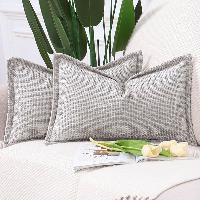 MADIZZ Chenille Velvet Throw Pillow Covers with Flange Set of 2 Super Soft Boho Textured Pillow Covers Decorative Throw Pillowcases Modern Farmhouse Home Decor for Sofa Bedroom Oatmeal 12x20 Inch