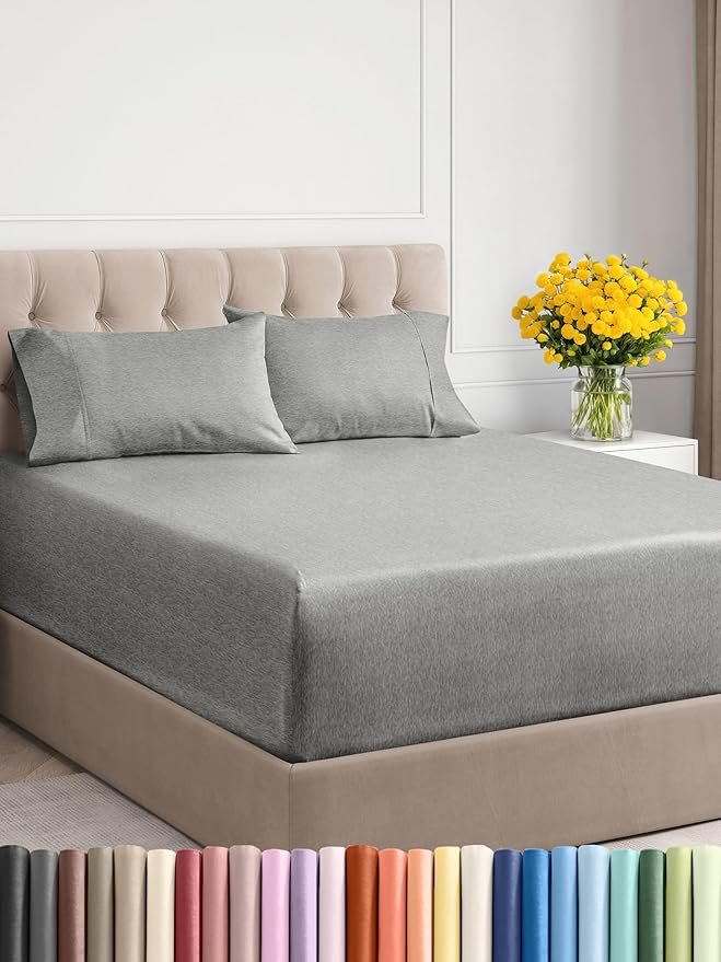 Extra Deep Twin XL Sheet Set - 4 Piece Breathable & Cooling Sheets - Hotel Luxury Bed Sheets Set - Easy Fit - Soft, Wrinkle Free & Comfy Sheets Set - Heathered Grey Sheet Set with Extra Deep Pockets