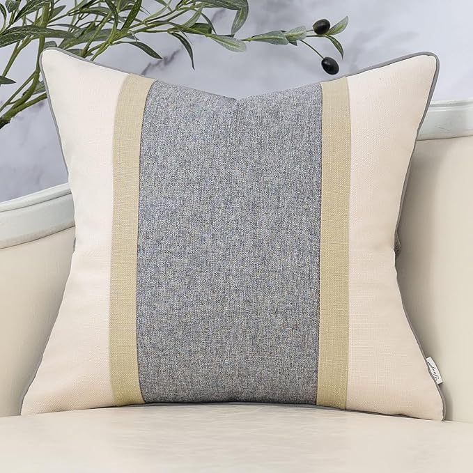 Yangest Patchwork Pillow Cover 18x18 Inch Luxury Cotton and Linen Cushion Cover Square Pillowcover for Couch Bedroom Living Room, Gray