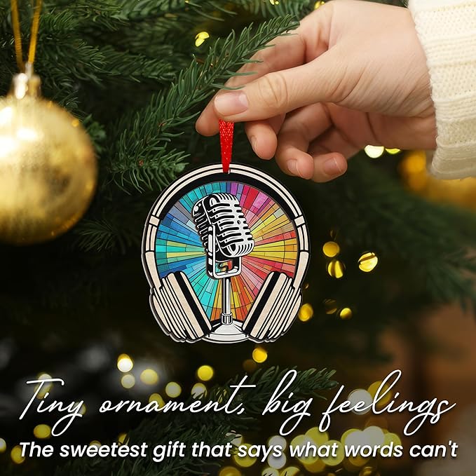 GEEMBI Christmas Microphone Ornament - Suncatcher Microphone Christmas Ornaments 2025 for Tree Decorations - Music Teacher Gifts for Men Women Musicians Friends, Music Ornaments, Stocking Stuffers