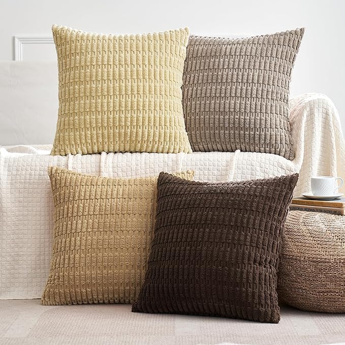 MIULEE Pack of 4 Boho Farmhouse Chocolate Corduroy Decorative Throw Pillow Covers 18x18 Inch Modern Retro Soft Striped Pillow Covers Home Decor for Sofa Living Room Couch Bed