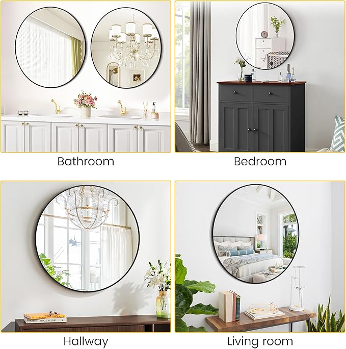 IDEALHOUSE 20 Inch Black Round Wall Mirror, Circle Mirror Metal Frame for Bathroom, Vanity, Entryway, Bedroom, Living Room, Wall Mounted Modern Rustic Decor