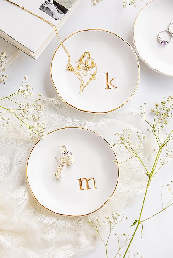 COLLECTIVE HOME - Ceramic Jewelry Tray, Decorative Trinket Dish for Rings Earrings Necklaces Bracelet Watch Keys, Birthday Mother's Day Christmas Gift for Women, 4.75", White Surface (F)