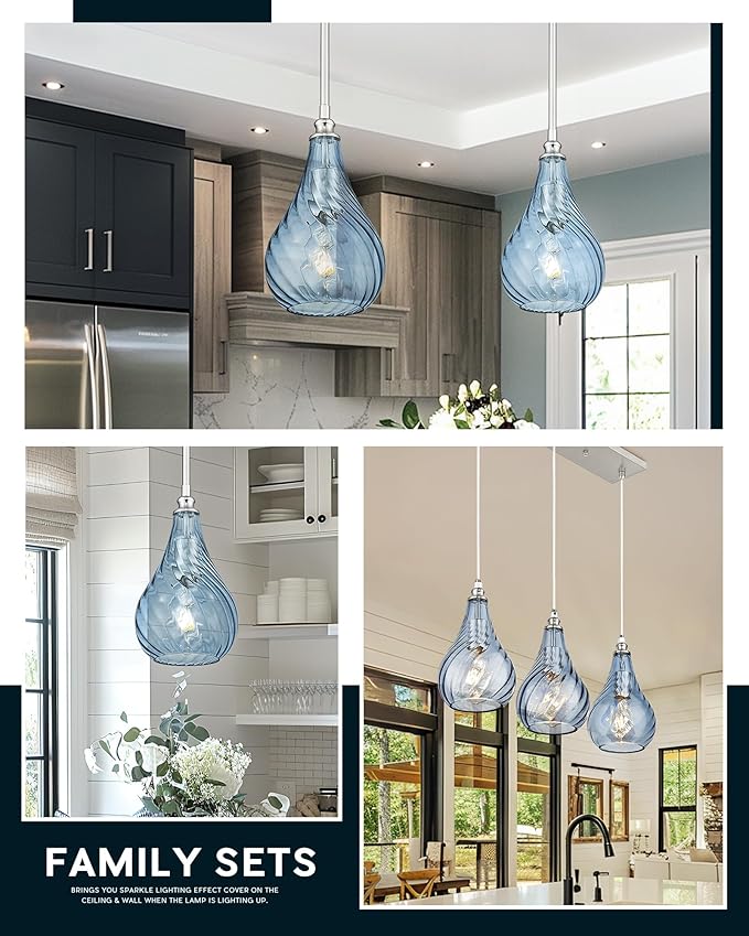 TENGXIN 3-Light Pendant Lights for Kitchen Islands - Brushed Nickel with Blue Glass. Farmhouse Style, Ideal for Dining Rooms and Bedrooms, 6 Inch