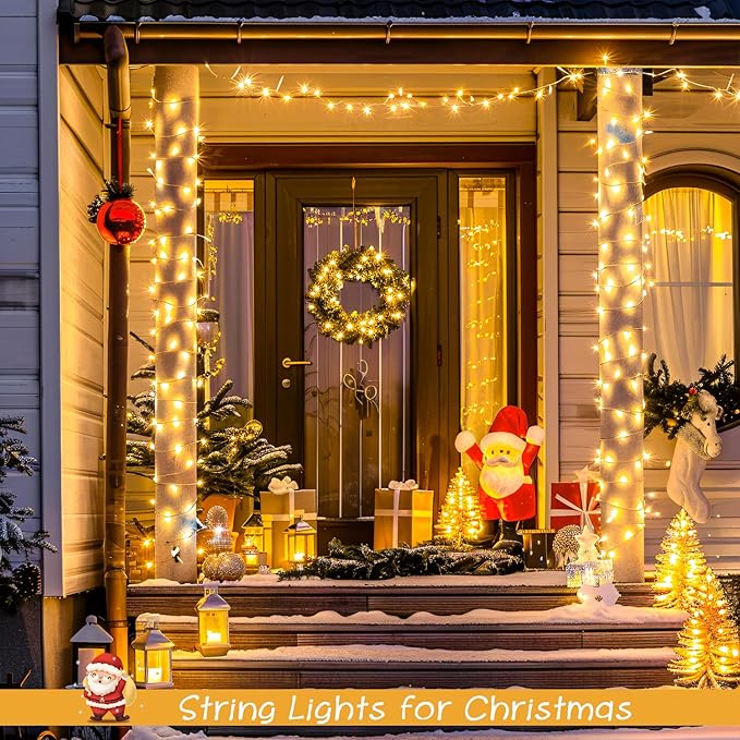 JMEXSUSS 2 Pack 100 LED Warm White Christmas Lights Indoor, Connectable 33ft Warm White String Lights Outdoor Waterproof, 8 Modes Christmas Tree Lights Plug in for Xmas Bedroom Yard Party Decorations