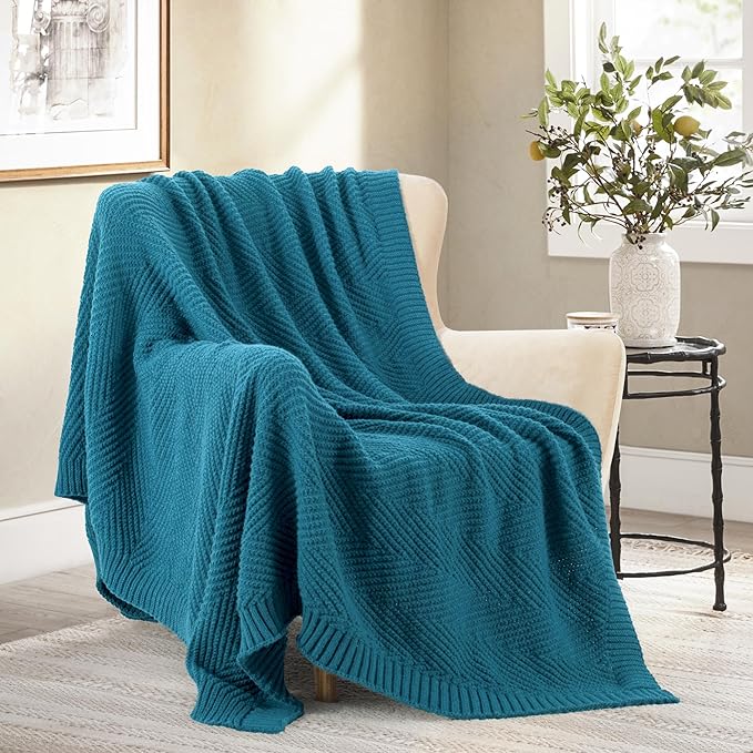 Knitted Throw Blanket 50"X60", Teal Knit Throws for Bed, Super Soft Boho Chevron Blankets for Couch Sofa Chair Room Decor, Textured Decorative Farmhouse Cozy Lightweight