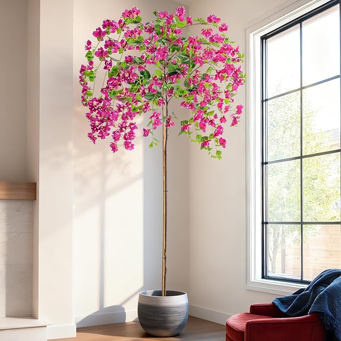 7.2FT Artificial Bougainvillea Tree Artificial Tree Tall Potted Fake Bougainvillea Trees for Outdoor Indoor Lifelike Potted Faux Plants with Wood Trunk and Flowers Office Wedding Home Decor