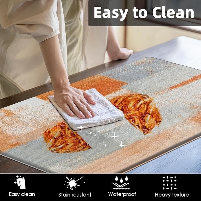 Arttown Orange Beige Vintage Anti-Fatigue Kitchen Rug Set of 2 Orange Grey Abstract Cushioned Floor Mat, Standing Waterproof Non-Slip Kitchen Mat PVC Ergonomic Comfort Foam Rug