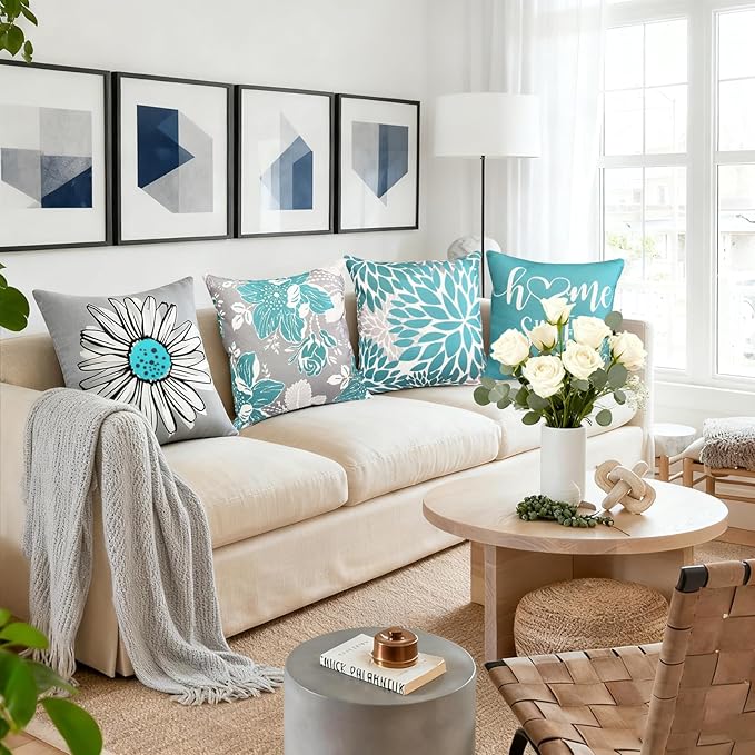 Decorative Throw Pillow Covers Set of 4 Teal Pillow Covers 16x16 inch Throw Pillow Cases Linen Square Pillow Case,Farmhouse Outdoor Modern Boho Pillow Covers for Couch Sofa Living Room