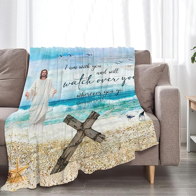 Tijuboni Christian Religious Jesus Throw Blanket Ocean Beach Gifts for Women Men Girls Boys Kids Adults Soft Flannel Fleece Blanket for Couch Sofa Bed Home Decor 50"x60"