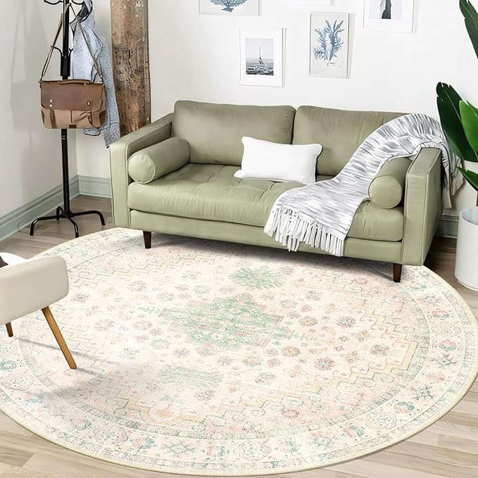 MUJOO Round Rugs 6ft,Circle Area Rug Washable,Circular Rugs for Living Room Dining Room,Large Boho Non Slip Throw Carpet Light Pink and Green