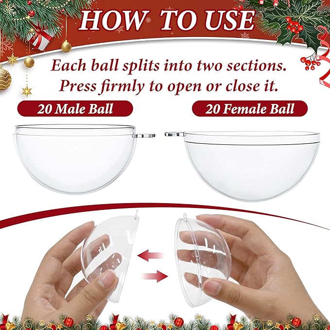26 Pcs 3.15 inches Fillable Christmas Ornaments Balls, Large Clear Plastic Fillable Hanging Ornament Ball for DIY Crafts, Shatterproof Transparent Ornaments Bulk for Xmas Tree Party Decor