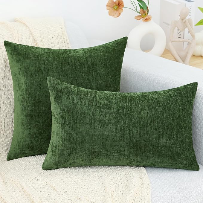 decorUhome Chenille Moss Green Christmas Throw Pillow Covers 26x26 Inch Set of 2, Decorative Soft Couch Pillow Covers Solid Dyed Accent Farmhouse Neutral Square Pillow Cases for Sofa