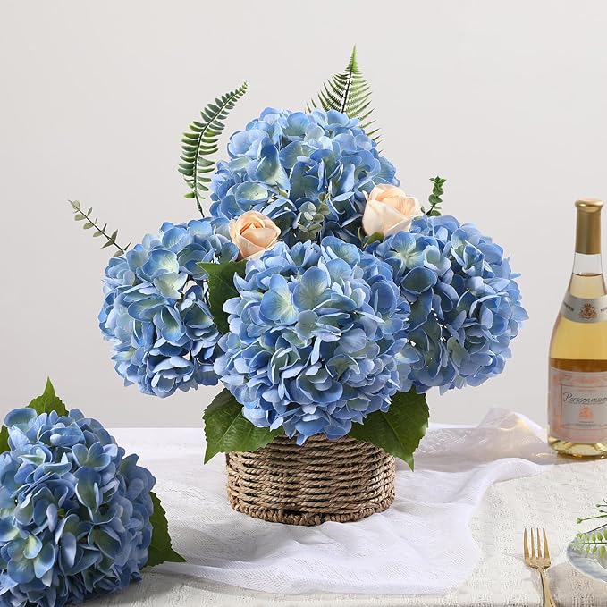 JUSTOYOU 3 Pcs Real Touch Hydrangea Artificial Flowers 22.8" Lifelike Latex Blue Hydrangeas Fake Hydrangeas for Home Decor Party Wedding Bouquets Table Centerpieces Floral Arrangements Indoor Decor