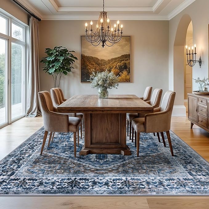KOZYFLY Boho Area Rug 8x10 Ft Thin Rugs for Living Room Washable Bedroom Rug Non Slip Rugs for Living Room Blue Printed Faux Wool Vintage Bedroom Rug Floor Carpet for Dining Room