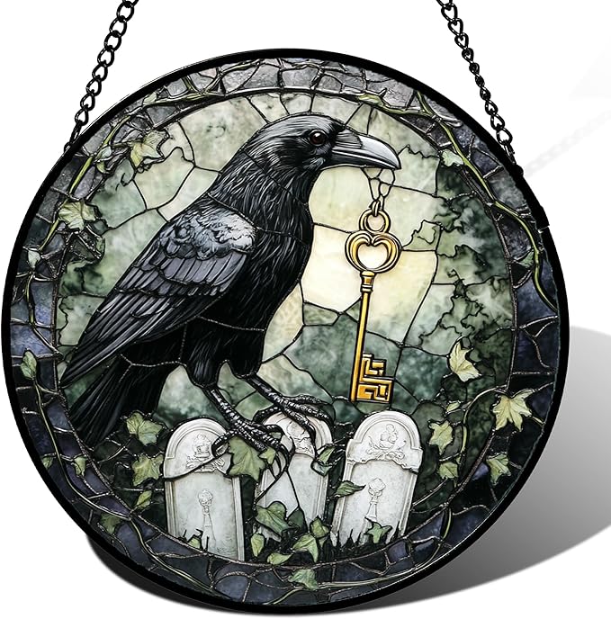 Stained Glass Window Hanging - Halloween Crow White Tombstone Suncatcher for Doors Garden Home Spooky Black Green Sun Catchers Gothic Decor Horror Gift for Women Men Friend Boy Girl 11.8 in