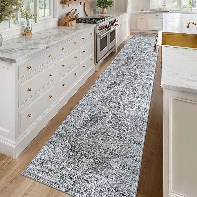 KUTA Vintage Washable Runners for Hallways 2.6x16, Non-Slip 16ft Extra Long Kitchen Runner Rug, Grey Blue White Ultra Soft Printed Floral Medallion Stair Runners Indoor for Bedroom