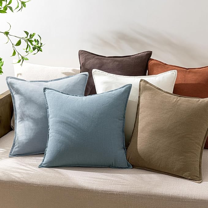 Woaboy 18x18 Inch Set of 2 Decorative Linen Solid Throw Pillow Covers Boho Accent Farmhouse Couch Pillowcases Modern Netural Home Decor for Couch Sofa Living Room Bed,Coastal Blue