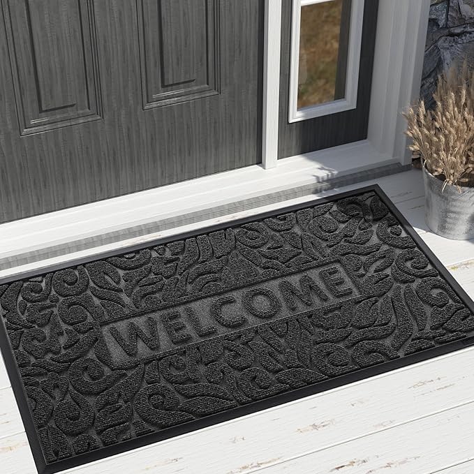 Yimobra Large Welcome Mat 47x24, Waterproof Non-Slip Outdoor Mats for Front Door Outside Entrance, Low-Profile Entryway Mat Indoor for Garage Patio, Black