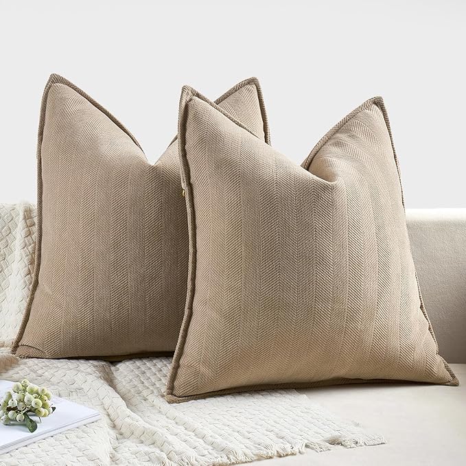 MIULEE Pack of 2 Khaki Decorative Pillow Covers 20x20 Inch Soft Chenille Luxurious Couch Throw Pillows Farmhouse Cushion Covers with Elegant Design for Sofa Bedroom Living Room Home Decor