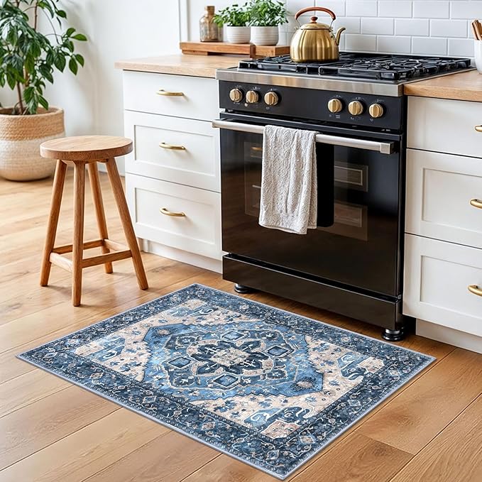 2x3 Washable Area Rug, Blue Soft Rug for Entryway, Non-Slip Indoor Door Mat Boho Low-Pile Kitchen Rugs, Floor Vintage Carpet for Entrance Kitchen Bedside Farmhouse