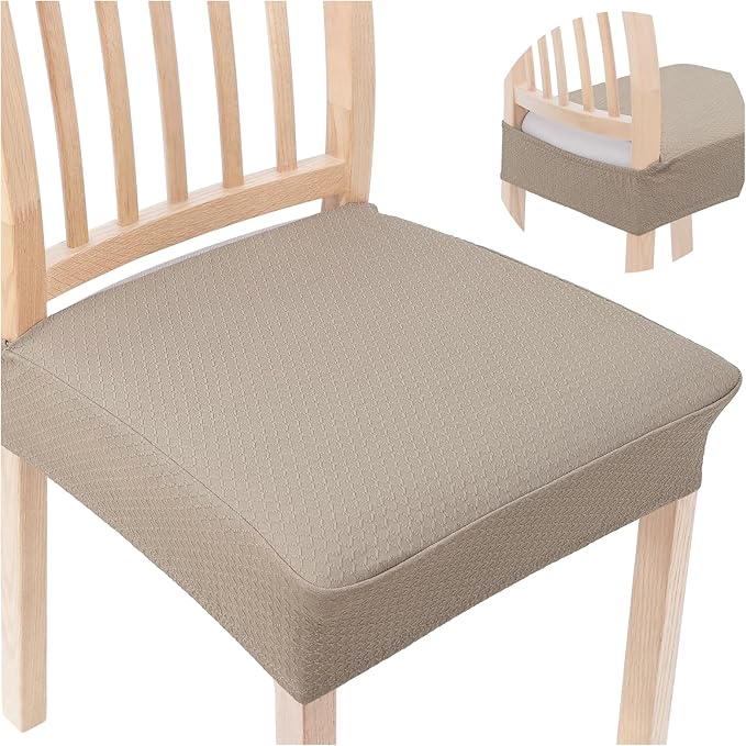 Smiry Stretch Jacquard Seat Covers for Dining Room Chairs Set of 6, Removable Washable Chair Seat Protector Slipcovers, No Rear Covers, Taupe