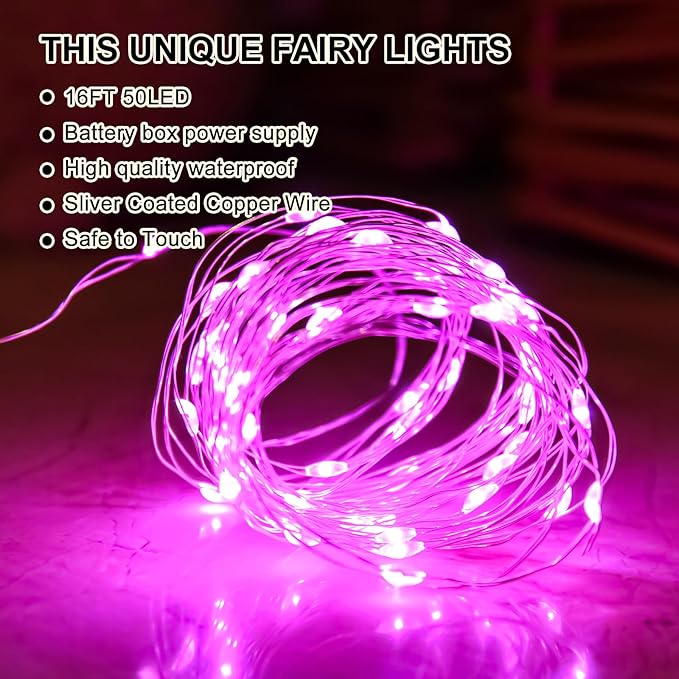 Pink Fairy Lights Battery Operated (Included), 8 Modes & Auto Timer, 4 Packs 5m 50Led Mini Twinkle Silver Wire Firefly Starry Lights, Waterproof Battery Operated Lights for Mason Jars Parties