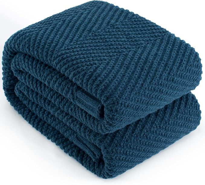 Knitted Throw Blanket 50"X60", Navy Blue Knit Throws for Bed, Super Soft Boho Chevron Blankets for Couch Sofa Chair Room Decor, Textured Decorative Farmhouse Cozy Lightweight