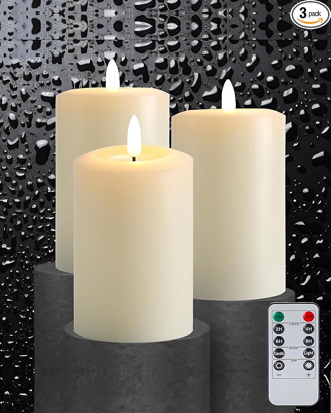 3"x6" Flickering Flameless Candles with Remote Timer, Real Wax, Ivory Pillar Candles, Set of 3 Large LED Battery Operated Candles for Home, Fireplace, Centerpiece, Rustic and Farmhouse Decor