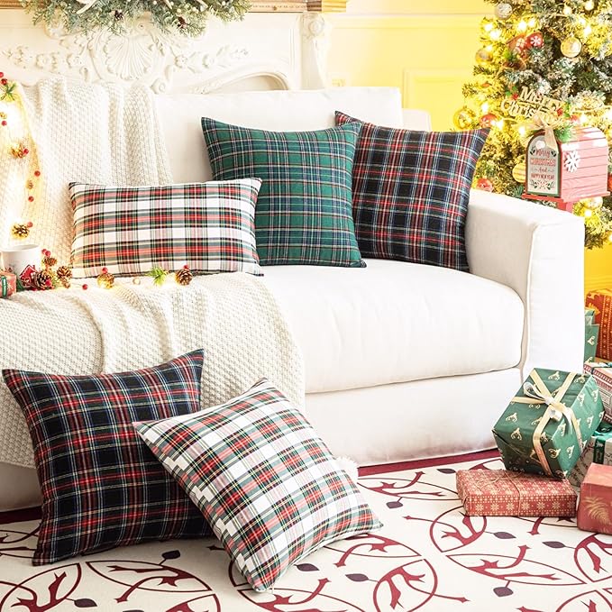 AQOTHES Pack of 2 Christmas Plaid Decorative Throw Pillow Covers Scottish Tartan Cushion Case for Farmhouse Home Holiday Decor Red and Black, 18 x 18 Inches