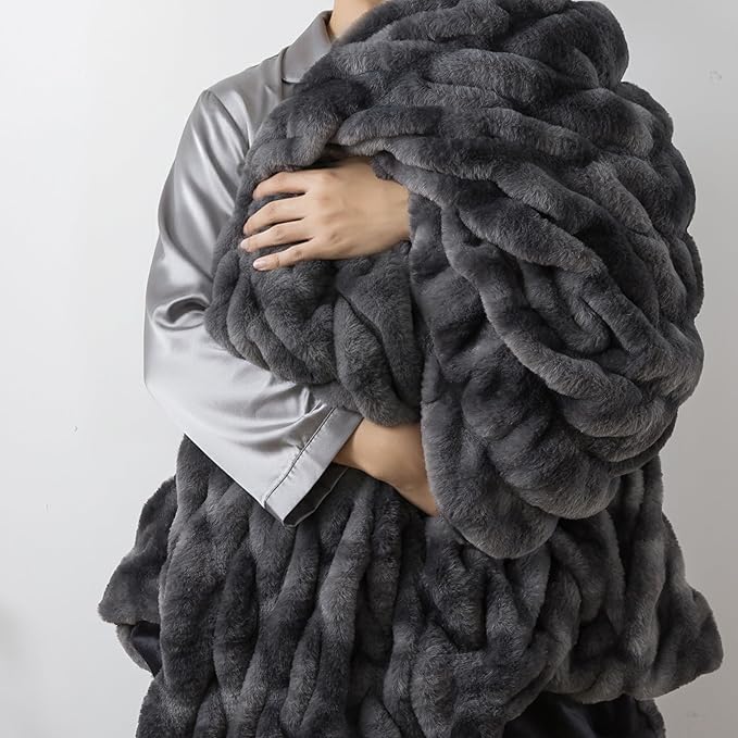 WDCOZY Ruched Faux Fur Throw Blanket Soft Cozy Fluffy Luxurious Blankets Couch Bed Sofa Chair Home Decor Warm Furry Fall Winter Plush Rabbit Fur Bubble Blanket 50" x 60", Dark Grey