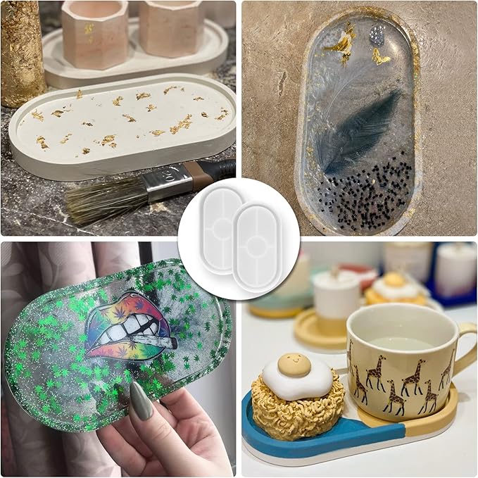2 Pieces DIY Tray Resin Mold Kit, Silicone Oval Craft Dish Plate Mould, Jewelry Epoxy Resin Casting Coaster Mold, Terrazzo Jesmonite Tray Maker Design Handmade Tray for Home Decor