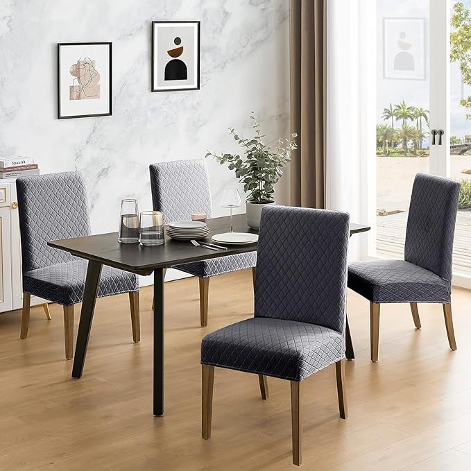 MOSAYT 100% Waterproof Dining Room Chair Covers Set of 6, Super Fit Stretch Jacquard Parson Chairs Slipcovers Removable Washable Chair Seat Protectors for Home, Kitchen, Banquet (Dark Grey - XL)