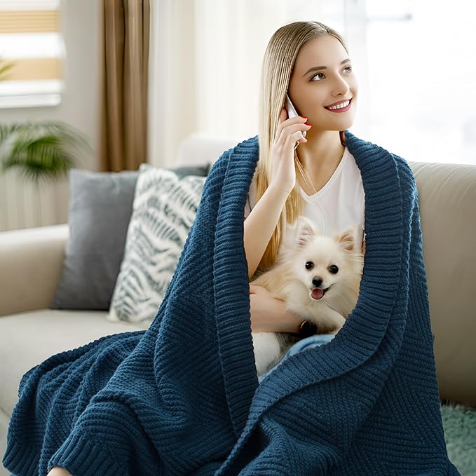 Knitted Throw Blanket 60"X80", Navy Blue Knit Throws for Bed, Super Soft Boho Chevron Blankets for Couch Sofa Chair Room Decor, Textured Decorative Farmhouse Cozy Lightweight